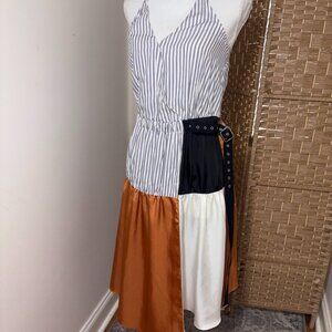 TIBI Colorblock Camille Dress Belted Mix-Pattern Racerback Belted Midi size 0